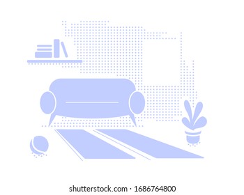 Blue interior textured background with empty space. Living room in Flat style vector illustration. Simple Sofa, window, book shelf, plant, carpet in monochrome color. Minimalistic cozy apartment decor