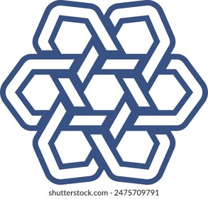 Blue interlocking hexagon pattern symbol geometric design. Abstract blue hexagons linked modern graphic isolated white background. Contemporary geometric logo hexagonal structure emblem simple