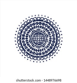 Blue international icon inside rubber grunge texture stamp