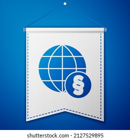 Blue International Law Icon Isolated On Blue Background. Global Law Logo. Legal Justice Verdict World. White Pennant Template. Vector