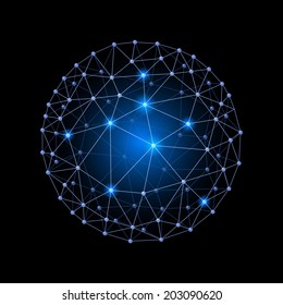Blue internet web envelopes sphere on the black background