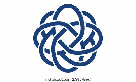 A blue intricate knot pattern with multiple intertwined loops forming a complex circular design on a clean white background, symbolizing connection and continuity and endless possibilities.