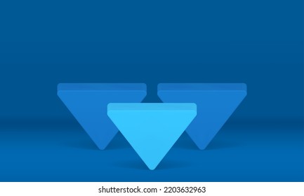 Blue inverted triangle abstract level arena podium competition pedestal geometric foundation realistic vector illustration. Angular platform basic block architecture scene product presentation stage
