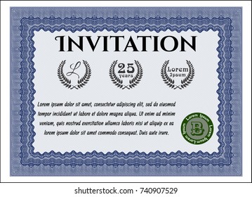 Blue Invitation. Beauty design. With great quality guilloche pattern. Customizable, Easy to edit and change colors. 