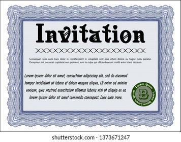 Blue Invitation. Beauty design. Vector illustration. With guilloche pattern. 