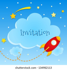 Blue invitation card with clouds and spaceship stickers.