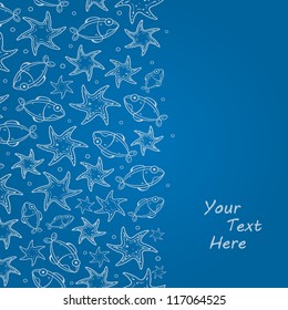 Blue Invitation Card with Fish Silhouettes.  Vector Nautical Design