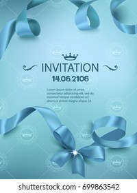 Blue invitation card with realistic  silk ribbon. Vector illustration