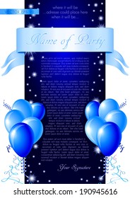 Blue invitation card - vector illustration with glossy balloons, confetti, ribbon and stars