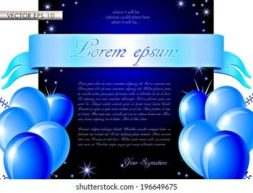 Blue invitation card - vector illustration with glossy balloons, ribbon, confetti and stars