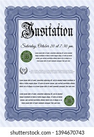 Blue Invitation. With complex linear background. Money Pattern design. Detailed. 