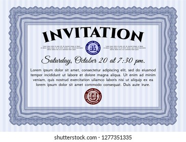 Blue Invitation. Customizable, Easy to edit and change colors. With guilloche pattern and background. Cordial design. 