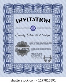 Blue Invitation. Detailed. With complex linear background. Modern design. 