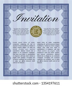 Blue Invitation. Detailed. With great quality guilloche pattern. Money design. 