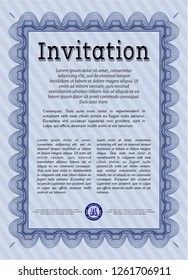 Blue Invitation. Excellent design. Customizable, Easy to edit and change colors. With guilloche pattern and background. 