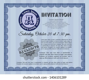 Blue Invitation. Excellent design. Vector illustration. With great quality guilloche pattern. 
