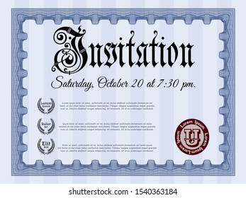 Blue Invitation. With guilloche pattern and background. Retro design. Customizable, Easy to edit and change colors. 