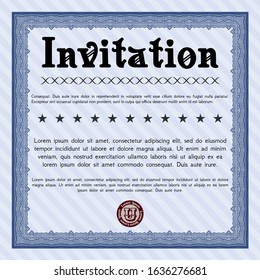 Blue Invitation. With guilloche pattern and background. Vector illustration. Lovely design. 