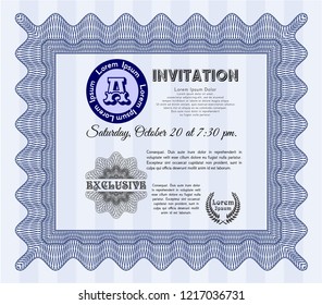 Blue Invitation. With guilloche pattern. Cordial design. Detailed. 