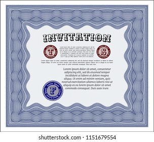 Blue Invitation. With guilloche pattern. Money style design. Vector illustration. 