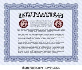 Blue Invitation. With guilloche pattern. Vector illustration. Lovely design. 