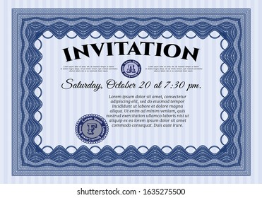 Blue Invitation. With guilloche pattern. Vector illustration. Nice design. 