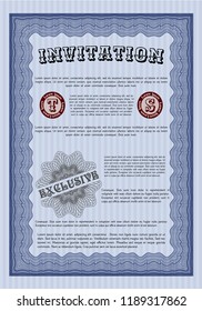 Blue Invitation. With linear background. Detailed. Money Pattern. 