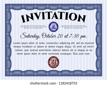 Blue Invitation. Lovely design. Detailed. With guilloche pattern and background. 