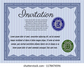 Blue Invitation. Lovely design. With guilloche pattern. Customizable, Easy to edit and change colors. 
