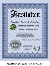 Blue Invitation. Money design. Vector illustration. With complex linear background. 