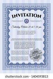 Blue Invitation. Money Pattern design. Customizable, Easy to edit and change colors. With guilloche pattern and background. 