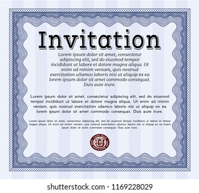 Blue Invitation. Money style design. With guilloche pattern and background. Customizable, Easy to edit and change colors. 