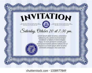 Blue Invitation. Superior design. Vector illustration. Easy to print. 