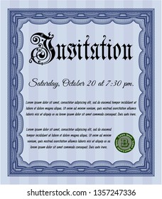 Blue Invitation template. Artistry design. With complex linear background. Detailed. 