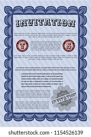Blue Invitation template. Beauty design. Vector illustration. Printer friendly. 