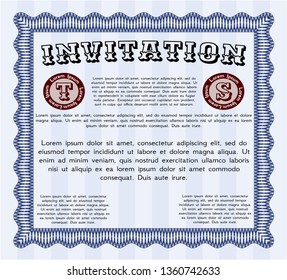 Blue Invitation template. Beauty design. Customizable, Easy to edit and change colors. With great quality guilloche pattern. 