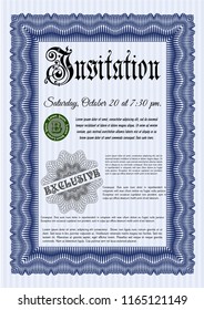 Blue Invitation template. Complex background. Detailed. Retro design. 