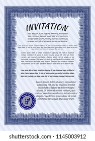 Blue Invitation template. Cordial design. With guilloche pattern and background. Detailed. 