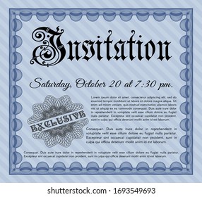 Plantilla de invitación azul. Diseño cordial. Con fondo. Detallado. 