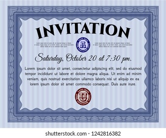Blue Invitation template. Customizable, Easy to edit and change colors. With guilloche pattern. Good design. 