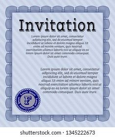 Blue Invitation template. Customizable, Easy to edit and change colors. With great quality guilloche pattern. Good design. 