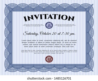 Blue Invitation template. Customizable, Easy to edit and change colors. With guilloche pattern and background. Excellent design. 
