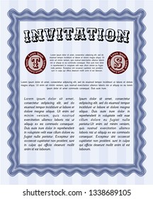 Blue Invitation template. Detailed. With great quality guilloche pattern. Money design. 