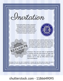 Blue Invitation template. Detailed. With linear background. Perfect design. 