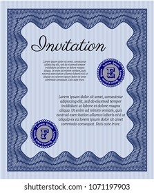  Blue Invitation template. Detailed. Printer friendly. Cordial design. 