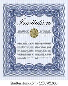 Blue Invitation template. Easy to print. Detailed. Retro design. 