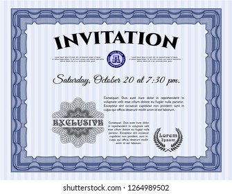 Blue Invitation template. Elegant design. Detailed. With linear background. 