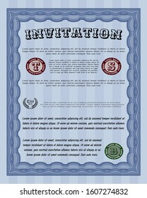 Blue Invitation template. Elegant design. With guilloche pattern and background. Detailed. 