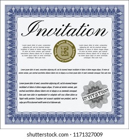 Blue Invitation template. Good design. With great quality guilloche pattern. Vector illustration. 