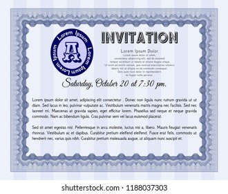 Blue Invitation template. Good design. Detailed. Printer friendly. 